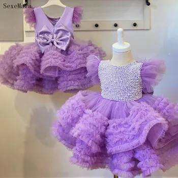 Mor Prenses Elbise İnciler Boncuklu Kabarık İlk Doğum Günü Elbise Çiçek Kız Elbise Sevimli Çocuk Kız Elbise Fotoğraf