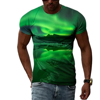 Yaz Moda Serin Stil Aurora Grafik T-Shirt Erkekler Rahat Eğilim 3D Kişilik Hip Hop Harajuku Baskılı Kısa Kollu Tees En