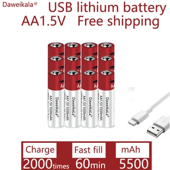 2021New AA USB şarj edilebilir li iyon pil 1.5 V AA 5500mah / li iyon pil izle oyuncaklar MP3 çalar termometre klavye