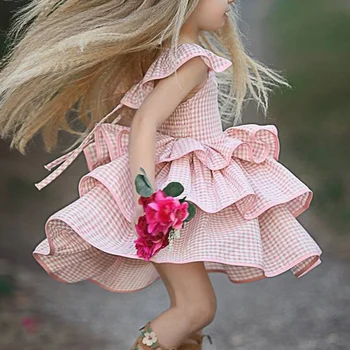 Bebek Kız Parti Elbise Ruffles Sleevelee Ekose Baskı Lotus Yaprağı Güzel Prenses Elbise Çocuk Sevimli Kostüm Yaz Çocuklar Elbiseler