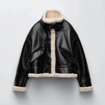 Kadın Ceket 2021 Sonbahar Moda Polar İmitasyon Deri Ceket Ceket Vintage Kış Uzun Kollu Kadın Giyim Chic Tops