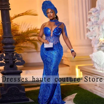 Aso Ebi Tarzı Kraliyet Mavi Bir Omuz Abiye 2023 Afrika Kadınlar Boncuklu Mermaid balo elbisesi Artı Boyutu Custom Made