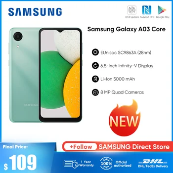 Orijinal Yeni Samsung Galaxy A03 Çekirdek 4G Smartphone Android 11 Unısoc SC9863A Sekiz çekirdekli 5000mAh Pil Çift SIM Cep Telefonu