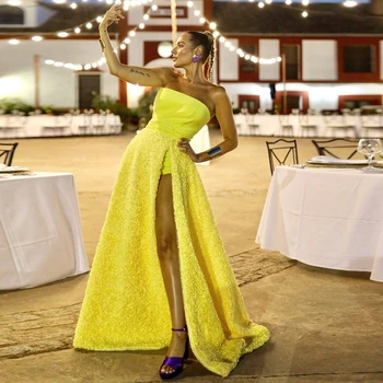 Trendy Sarı Çiçek Saten Abiye Seksi Straplez Yüksek Bölünmüş Balo Abiye Kolsuz A-line Kat Uzunluk Balo Elbise