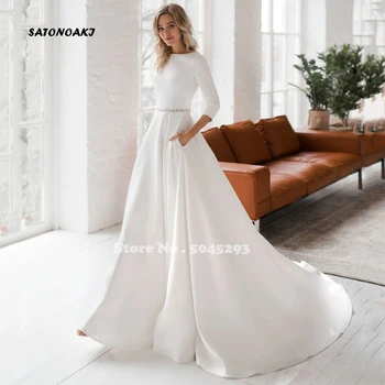 Basit A-Line düğün elbisesi derin yuvarlak yaka Uzun Kollu Backless gelin kıyafeti Boncuk Kemer Cepler Vestidos De Novia Özel