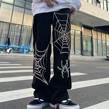 Yüksek Sokak Erkek Kadın Kot Pantolon Örümcek Web Nakış düz Pantolon Yeni Vibe Stil Ripped Boy Sıkıntılı Denim Pantolon