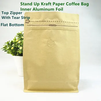 50 adet Stand Up Kahve Çekirdekleri Ambalaj Poşetleri Hava Valfi, Düz Tabanlı Kraft Kağıt Fermuarlı çanta İç Alüminyum Folyo Havalandırma Valfi