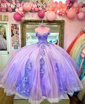 Leylak Mor Sevgiliye Quinceanera elbise Balo Boncuklu 3D Çiçekler Tatlı 15 Vestidos De XV Años Doğum Günü Partisi Törenlerinde Robe