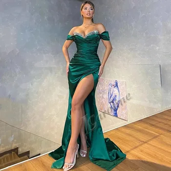Caroline Mermaid Yeşil Saten Abiye Uzun Kapalı Omuz Kristal Bölünmüş Pileli Vestidos Balo Abiye Parti Custom Made