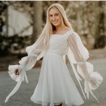Basit kısa düğün elbisesi Kadınlar İçin 2022 Gelin Kare Yaka Tül Tam Puf Kollu gelinlik Backless Şerit Özelleştirmek