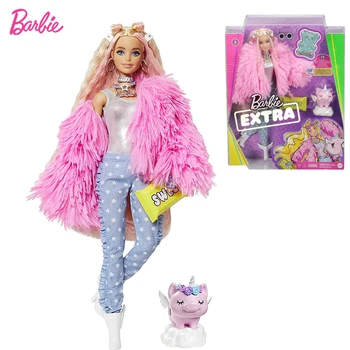 Barbie Ekstra Bebek 12-in #3 Pembe Kabarık Ceket ile Pet Unicorn-Domuz Ekstra Uzun Kıvrımlı Saç Dahil Olmak Üzere Şeker Kız Oyuncak doğum günü hediyesi