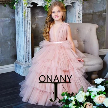 JONANY Narin Çiçek Kız Elbise Kolsuz V Yaka Tül Prenses Parti Doğum Günü İlk Communion Töreni roupas de florista