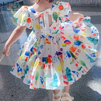 Mizah Ayı Yeni Yaz Kız Elbise Karikatür Puf Kollu Kısa Kollu Prenses Parti Elbise Bebek Çocuk Çocuk Giyim