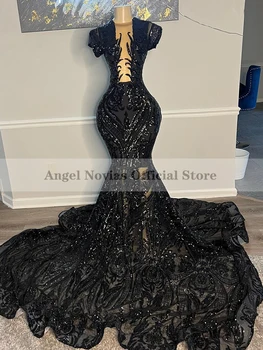 Uzun Siyah Mermaid Dantel balo kıyafetleri 2023 Siyah Kızlar için Robe De Soiree Parti Akşam Doğum Günü Elbisesi