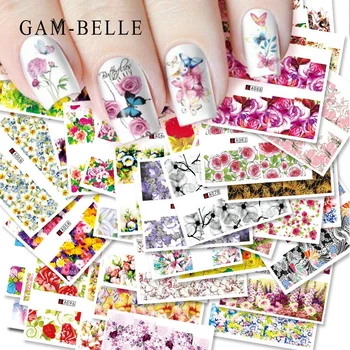 GAM-BELLE 50 adet Mix Renkli Tam Tırnak Çiçek Tırnak Sanat Su Transferi Sticker Tırnak Etiket Setleri Jel Lehçe Manikür Çıkartmaları