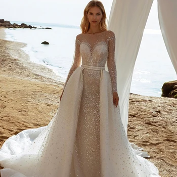 UETEEY 2 İn 1 Mermaid Dantel düğün elbisesi O-boyun Uzun Kollu Aplikler Ayrılabilir Tren 2022 Düğmeler Gelin Törenlerinde Artı Boyutu