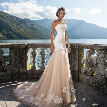 Sevgiliye Dantel Mermaid düğün elbisesi Kat Uzunluk Aplikler Chpampagne Tül gelinlikler Custom Made