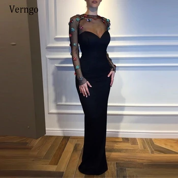 Verngo Mütevazı Siyah Kılıf Akşam Parti Elbiseler Uzun Kollu O Boyun Renkli Çiçekler Izgara Kat Uzunluk Kadınlar Örgün Balo Elbise