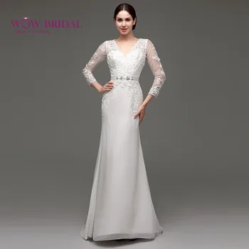 Wowbridal 2021 Zarif Kılıf V Yaka Dantel düğün elbisesi Aplikler Sweep Tren vestido de noiva Uzun Kollu düğün elbisesi 30244