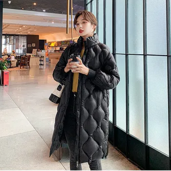2021 Kış Açık Sıcak Kadın iç astarlı ceket Uzun Kore Eşkenar Dörtgen Üst Pamuk Pu Parka Parlak Moda Standı Yaka Kadın Ceket