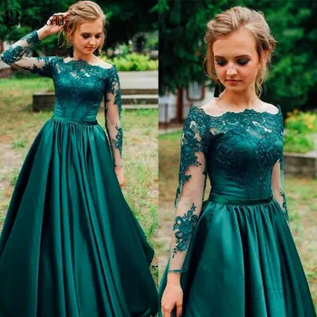 Yüksek Kaliteli Zümrüt Yeşili Abiye 2022 O-boyun Tam Kollu Aplikler A-Line Saten Vestidos De Gala Uzun Balo elbisesi