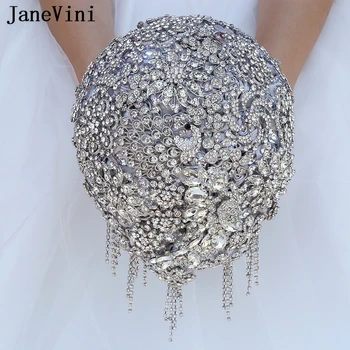JaneVini Lüks Rhinestone Takı Şelale Düğün Buketleri Yapay Gümüş Gri Bling Boncuklu Püsküller Gelin buket çiçekler