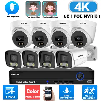 4K Yüz Algılama Gözetim Kamera Sistemi 8MP 8CH POE NVR Kiti 2 Yönlü Ses güvenlik kamerası Güvenlik Sistemi Seti Tam Renkli IP kamera