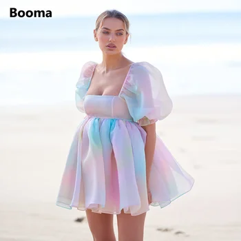 Booma Renkli Gökkuşağı Baskı Organze Mini balo kıyafetleri 2022 Degrade Kare Puf Kollu Diz Üstü A-Line Parti Törenlerinde Artı Boyutu