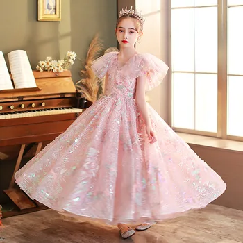 Pullu Glitter Pembe Kız Çiçek Elbise Çocuk Piyano Performansı Ana Prenses Elbise Kız En Uygun Communion Elbise