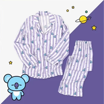 Baskı Kadın Çizgili Karikatür Şirin Pijama Üst Gömlek Pantolon ev tekstili Elbise Kadın İlkbahar Yaz Kore Pijama Takım Kawaii Set 