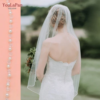 YouLa Pan V34 Zarif düğün duvağı ile Kristal Kenar Peçe Gelin için 1 Katmanlı Beyaz Parmak Uzunluğu Peçe Tarak ile Gelin Peçe
