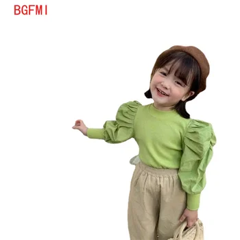 2022 Yeni Çocuk Moda Giyim İlkbahar Sonbahar Kız Kazak Bebek Triko Çocuk Örme Üstleri Streetwear Puf Kollu Yama 1-9Y