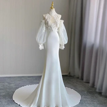 Yüksek Boyun düğün elbisesi Uzun Kollu Saten Zarif Mermaid Düğme Mahkemesi Tren Dantel Zarif Kore Özel gelinlikler 웨딩드스스
