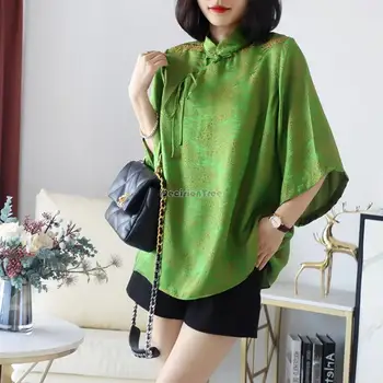 vintage ipek Yeşil bluz çin geleneksel gevşek cheongsam üstleri kadın klasik saten şifon bluz oryantal tang takım elbise
