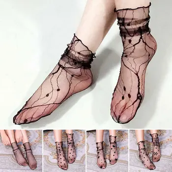 Yeni Retro Seksi Nokta Dantel Çiçek Örgü Çorap Kadın Nefes Ipek Ultra Ince Çorap Ince Orta Tüp Şeffaf Prenses Tül Çorap