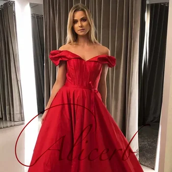 2022 Alıcerb Prenses Kapalı Omuz balo kıyafetleri Bir Çizgi Akşam Saten Sweep Tren Kırmızı Abiye Vestidos De Gala فساتين السهرة