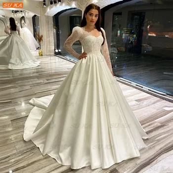 SU KA Uzun Kollu düğün elbisesi Fildişi Saten 2022 gelin elbiseleri Dantel Boncuk Robe De Mariée Prenses Seksi Vestido De Casamento