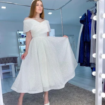 Giller düğün elbisesi Kapalı Omuz Lace Up Geri Diz Boyu Beyaz gelinlikler Kadınlar İçin Custom Made Robe De Mairee Sparkly