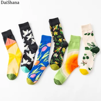 DaiShana 1 Çift Yeni Varış Kadın Çorap Harajuku Yaratıcı Çiçek Ve Kuş Kroki Baskı Pamuk Çorap Komik Rahat Moda Mutlu M