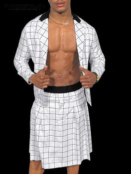INCERUN Moda Erkekler Rahat Setleri Ekose Patchwork Uzun Kollu Bir Düğme Gömlek ve Etekler 2 ADET Streetwear 2022 Kişilik Erkek Takım Elbise