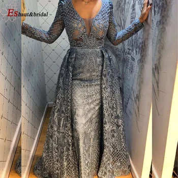 Dubai Tam Dantel Düğün Akşam Gece Elbiseleri Kadınlar için 2022 Mermaid V Yaka Uzun Kollu Kristal El Yapımı Örgün Parti Kıyafeti