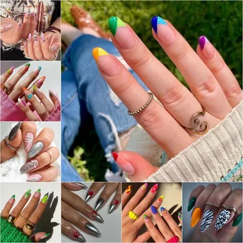 24 Adet takma tırnak Tam Kapak Dalgalı Ayçiçeği Alev Tasarımları Basın Giyilebilir Bitmiş Yapay Sivri Yanlış Nails Manikür İpuçları