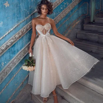 Eightree Seksi düğün elbisesi Kısa Parlak gelin elbiseleri Çay Boyu Plaj Gelinlikler Yay Sevgiliye Vestido de Noiva Curto