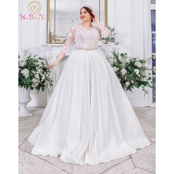 2022 düğün elbisesi 3/4 Üç Çeyrek Kollu Artı Boyutu Balo Dantel Saten Uzun gelin kıyafeti Kadınlar Zarif gelinlik