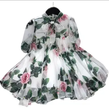 Bebek kız moda baskı elbise bahar yaz yeni Çiçek parti elbise çocuk Doğum Günü elbise Gül Çiçek Chidlren Elbise 2-14y wz153