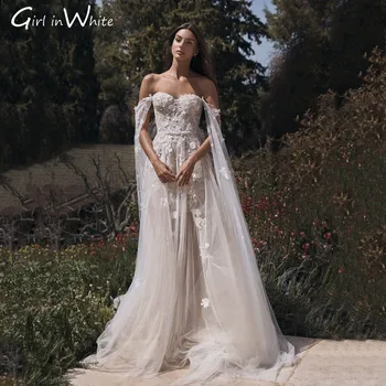 Plaj Dantel Nakış düğün elbisesi Boh Kapalı Omuz Gelin gelinlik 3D Çiçek Tül Sweep Tren Vestidos De Novia