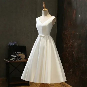 S195 Saten Beyaz Gelinlik Gelin V Boyun Lace Up Geri Parti Elbise gelin kıyafeti Kadın Elbise Prenses Vestidos