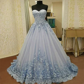 Yeni Vestidos De Novia Açık Mavi Gelinlik Romantik Dantel Aplike Trouwjurk gelinlikler Robe Mariage Gelin düğün elbisesi