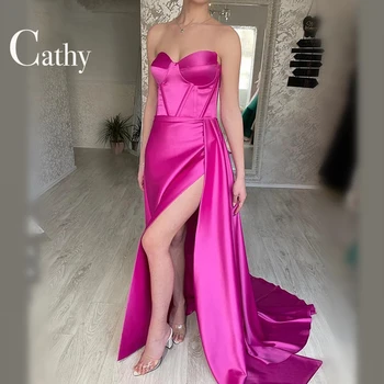 Cathy Yan Yarık Abiye Pembe Saten Sevgiliye Backless Mermaid Seksi Artı Boyutu Balo Elbise Özel Vestidos De Fiesta