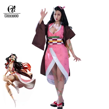 ROLECOS iblis avcısı Kamado Nezuko Cosplay Kostüm Kimetsu hiçbir Yaiba Kamado Nezuko Cosplay Kostüm Kadın Kimono Cadılar Bayramı Kostüm